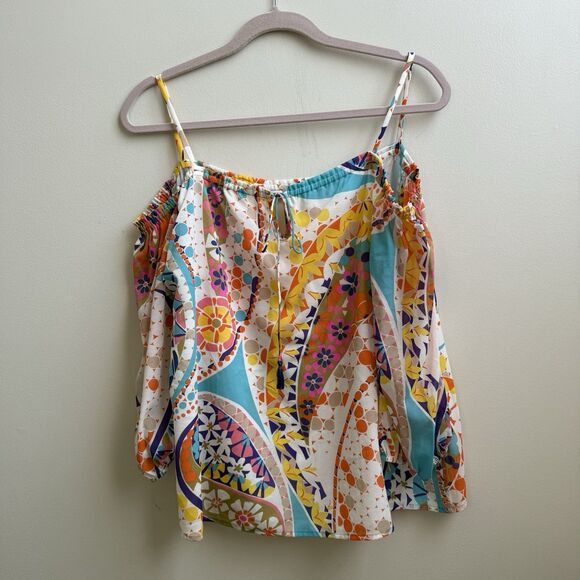 TRINA TURK Jillian Top Off Shoulder  Silk Spandex Stretch Tasseled Size SMALL - Picture 2 of 5